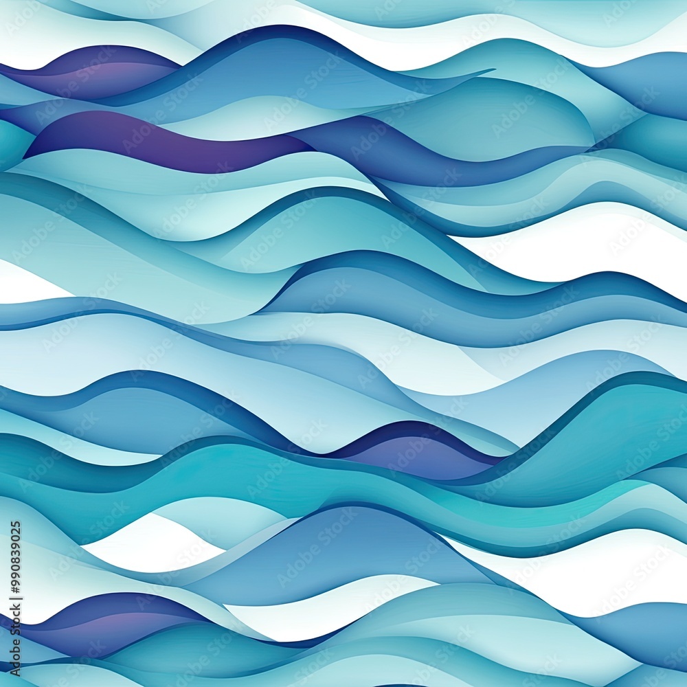Poster fluid waves in varying shades of blue create a serene and modern pattern, evoking a sense of calm an