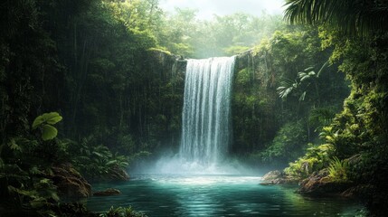 Nestled within a tropical rainforest is a magnificent waterfall.