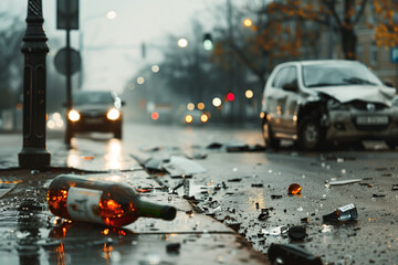 Alcohol Driving accident caused by intoxicated driver resulting in destroyed car emphasizing road safety and awareness