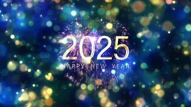 2025 Happy New Year golden text shine light animation with beautiful glow bokeh and firework cinematic title abstract background. New year title intro festival