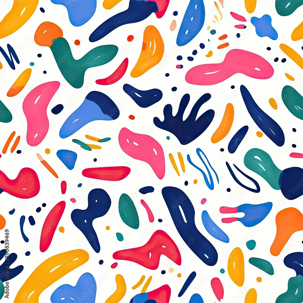 Poster a vibrant abstract pattern featuring colorful organic shapes on a white background, creating a playf
