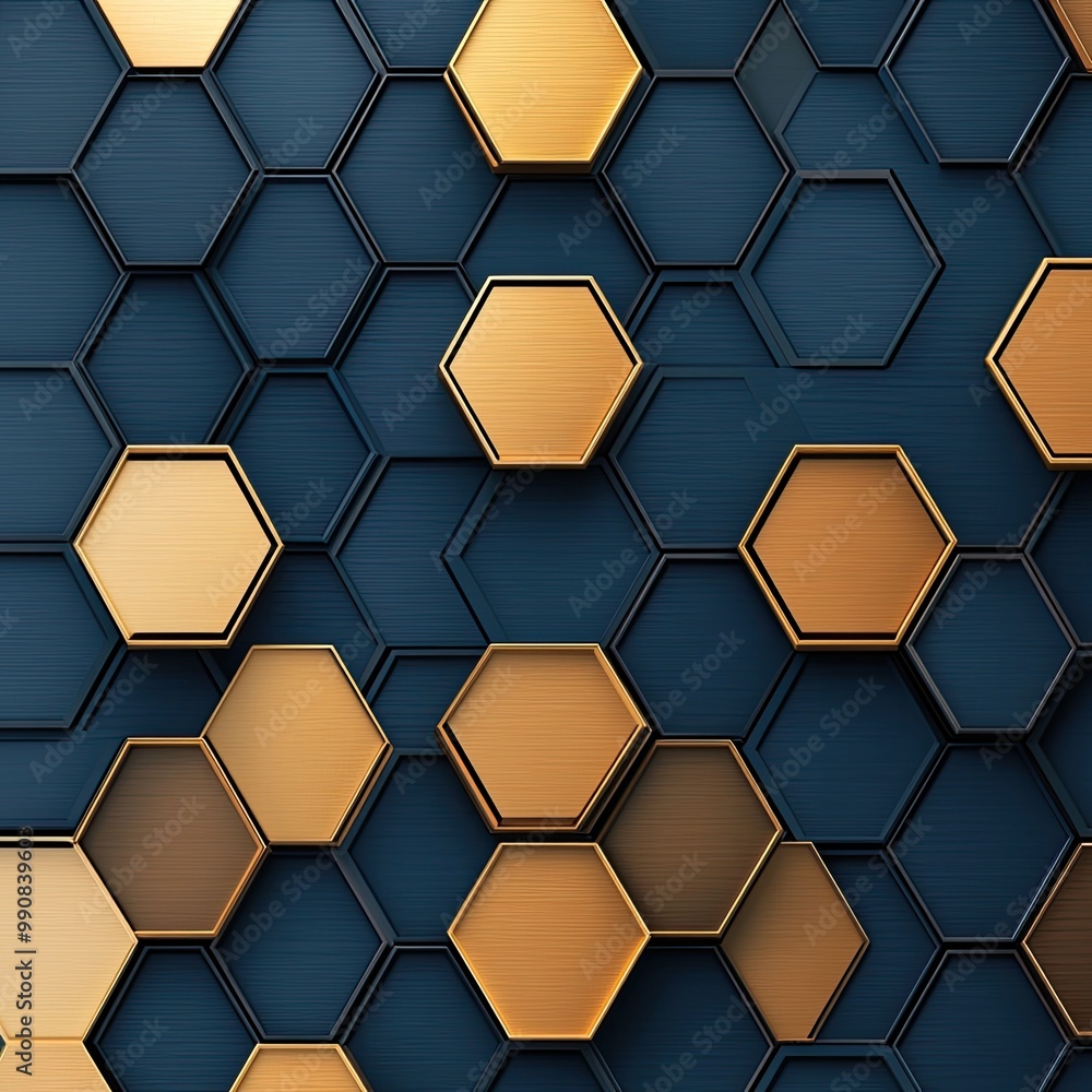 Aufkleber a modern abstract design featuring hexagonal shapes in gold and dark blue, creating a visually strik
