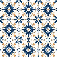 A vibrant tile pattern featuring blue flowers, intricate designs, and earthy accents, perfect for decor and artistic inspiration.