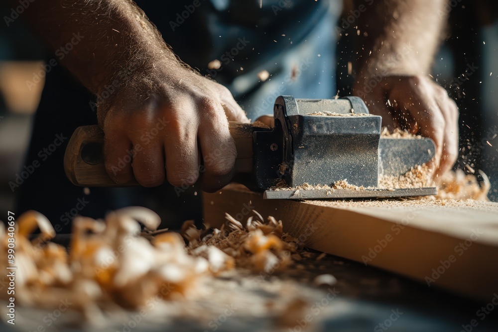 Aufkleber a craftsman using a hand plane to shape wood, creating shavings in a workshop.
