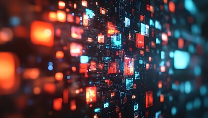 Obraz premium Abstract digital background with glowing squares and blurred lights.
