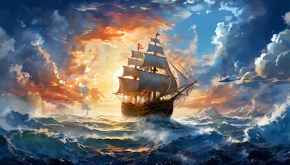 Obraz premium A grand sailing ship glides across the ocean waves at sunset, surrounded by dramatic clouds. The scene exudes adventure and exploration, with vibrant skies and powerful seas adding to the epic journey