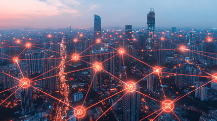 Fototapeta premium Wide-angle aerial view of the city skyline at night with glowing red connections representing smart urban infrastructure, featuring intricate networks of light beams and interconnected digital element