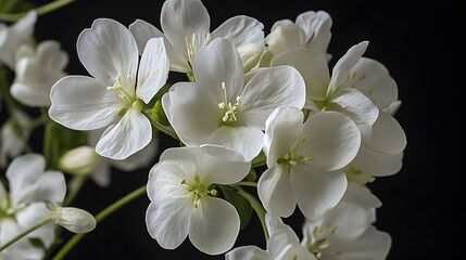 Obraz premium Breathtaking photograph of beautifully arranged delicate white flowers in full bloom showcasing their elegant petals and serene beauty against a dark minimalist background