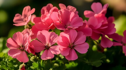 A photograph showcasing a cluster of vibrant pink flowers in a lush sunny garden setting  The flowers bloom with rich saturated colors and a delicate delightful appearance