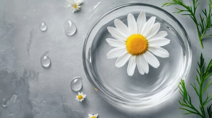 cosmetic gel or serum with chamomile flowers on a gray background.