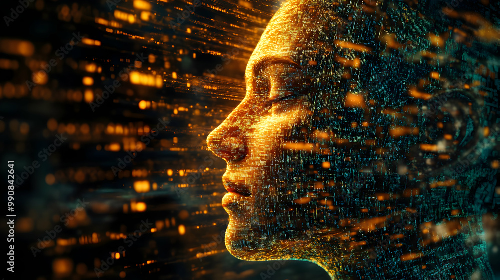 Poster abstract representation of a digital face with flowing data and glowing particles against a dark bac