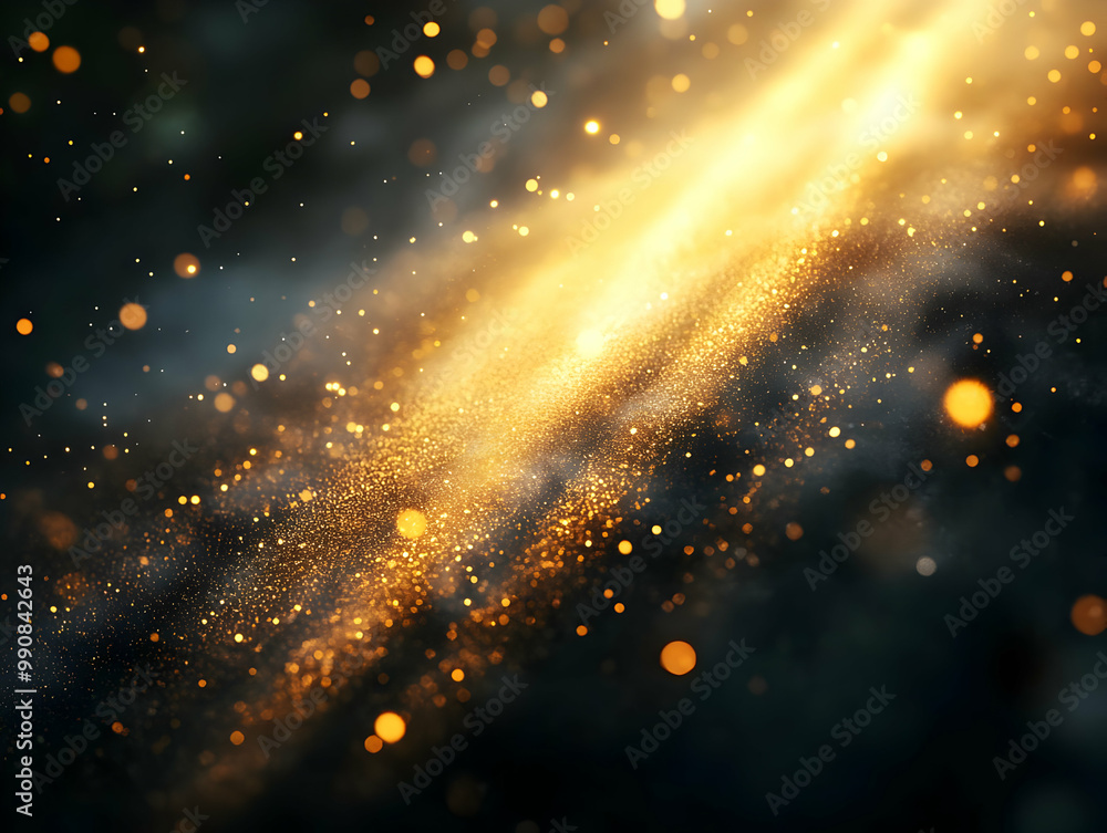 Poster abstract light rays with golden sparkles on a dark background, creating a mystical atmosphere.