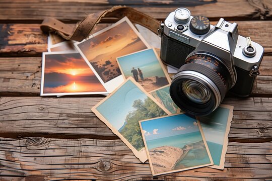 Old camera and photos on vintage wooden background
