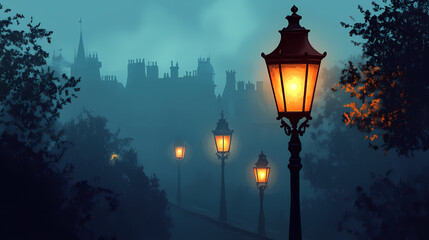 Street lamp with light glowing in the night. victorian street lights on foggy background. evening cityscape. vintage lanterns with warm glow. Victorian Street Scene. Illustration