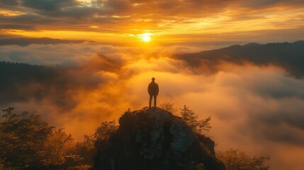 silhouetted figure overlooking misty rainforestcovered hills ethereal atmosphere sunrise golden light