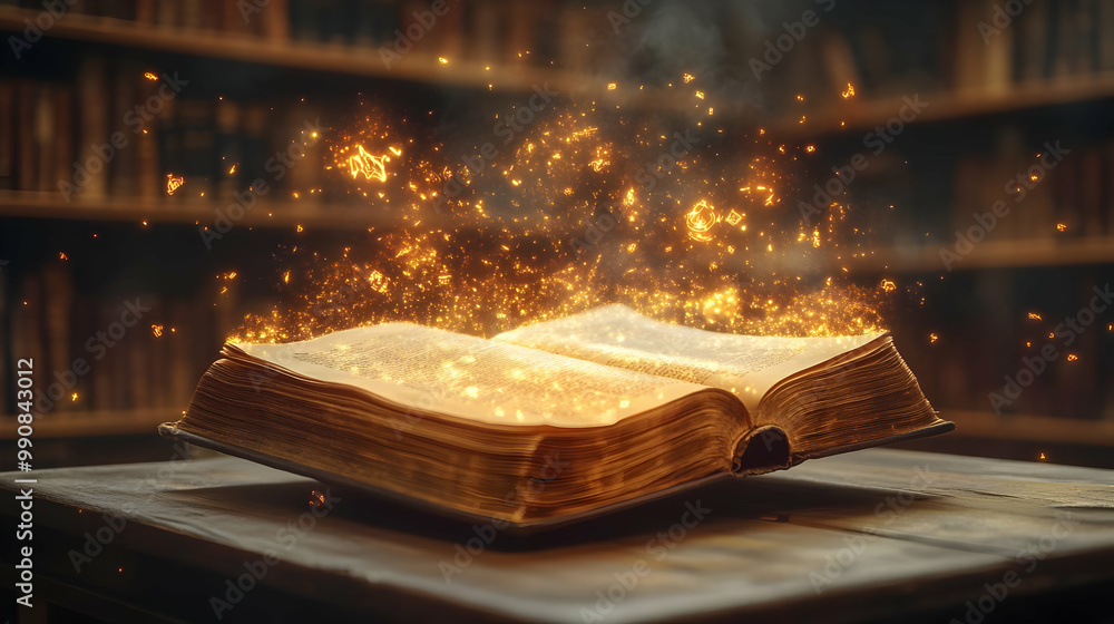 Poster an open book with glowing pages is surrounded by magical sparks and light, set in a mystical library
