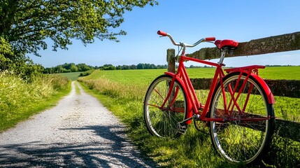 Fototapeta premium A vibrant red bicycle leaning against a weathered wooden fence in a tranquil rural countryside setting with a quiet country road and lush green fields stretching out under a clear blue sky