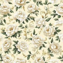 A seamless floral pattern featuring elegant white blooms and green leaves on a soft cream background.