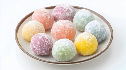 Fototapeta premium Arrangement of Colorful Mochi Balls Dusted with Powdered Sugar Displayed on a Simple White Plate Isolated on a Clean Background