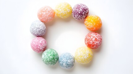 Obraz premium Colorful Mochi Balls Dusted with Powdered Sugar Arranged in a Circular Pattern on a Minimalist Plate Against a Clean White Background