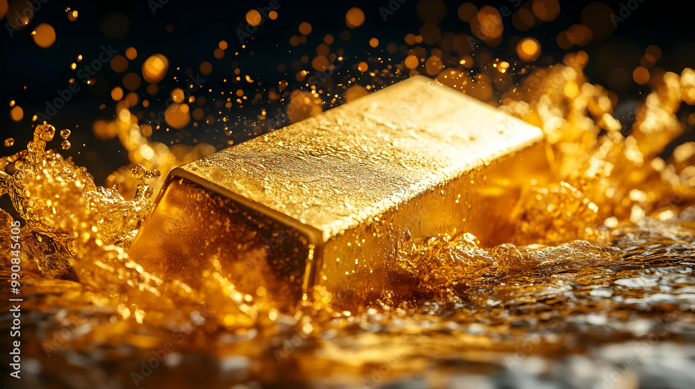Poster a gold bar splashing into water, creating dynamic waves and droplets that highlight its luxurious ap