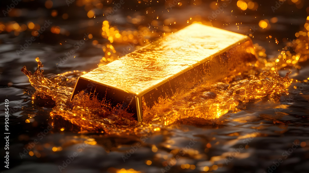 Poster a gold bar splashing in water, creating a mesmerizing display of liquid and gleaming gold reflection