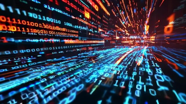 Fast-moving digital data streams in a vibrant, futuristic display, 4K video