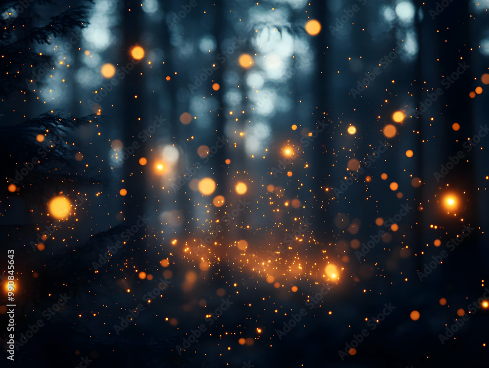 Poster a magical forest scene illuminated by glowing particles, creating a serene and enchanting atmosphere