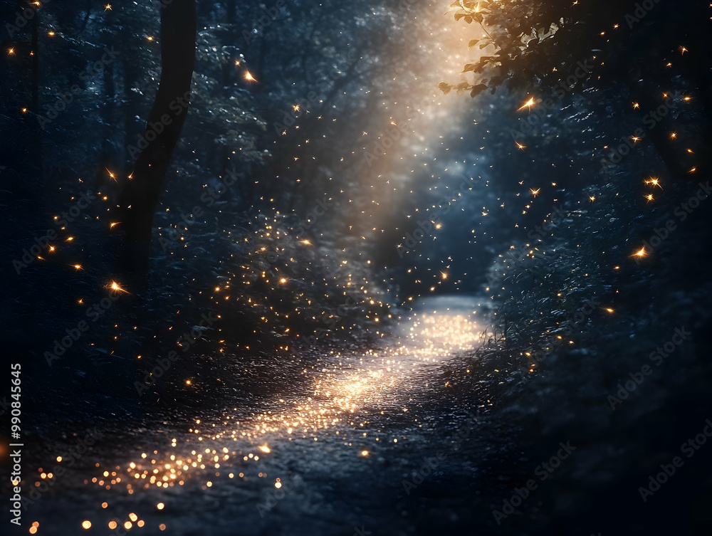 Poster a magical forest path illuminated by glowing lights, surrounded by trees, creating an enchanting atm