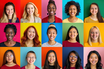 Portraits of beautiful young women of different racial cultures. A collage of portraits of smiling girls. Different types of people