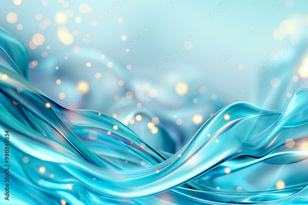Poster the design showcases flowing blue waves intertwined with glowing particles against a soft backdrop, 