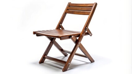 A beautifully crafted brown wooden folding chair with functional metal hinges stands tall against a clean white