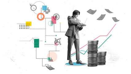 Young man reviewing data on tablet while standing next to towering stacks of coins. Graphs and...