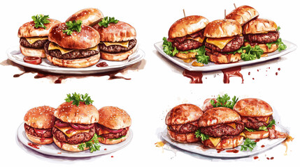 A plate of four different types of hamburgers with various toppings. The hamburgers are all different sizes and are placed on a white plate