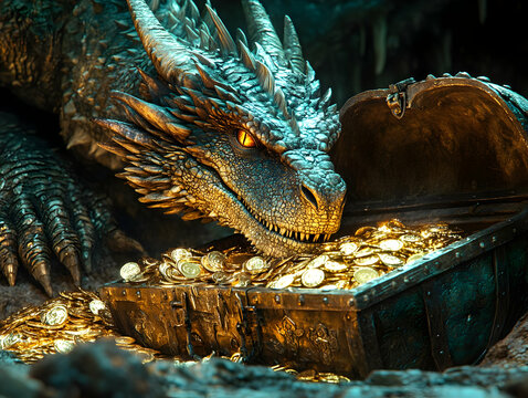 A majestic dragon guarding a treasure trove filled with shimmering gold coins in a mystical cave.