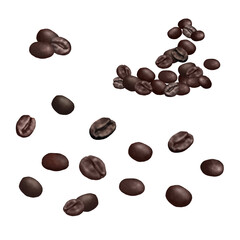 Roasted coffee beans. Digital watercolor illustration. A set of fragrant scattered coffee beans, isolated on the background. Roasted fragrant coffee beans lie in a pile.
