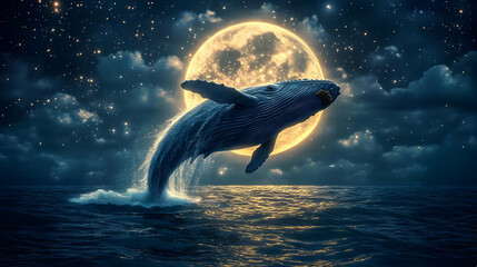 Fototapeta premium A majestic whale breaching in ocean waters under a bright full moon, surrounded by twinkling stars and dramatic clouds.