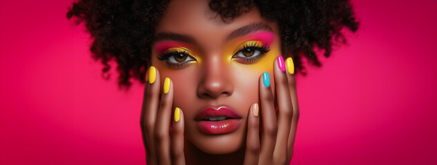 A close-up portrait featuring bold colorful makeup in pink, yellow, and blue with matching yellow nails, set against a bright pink background.