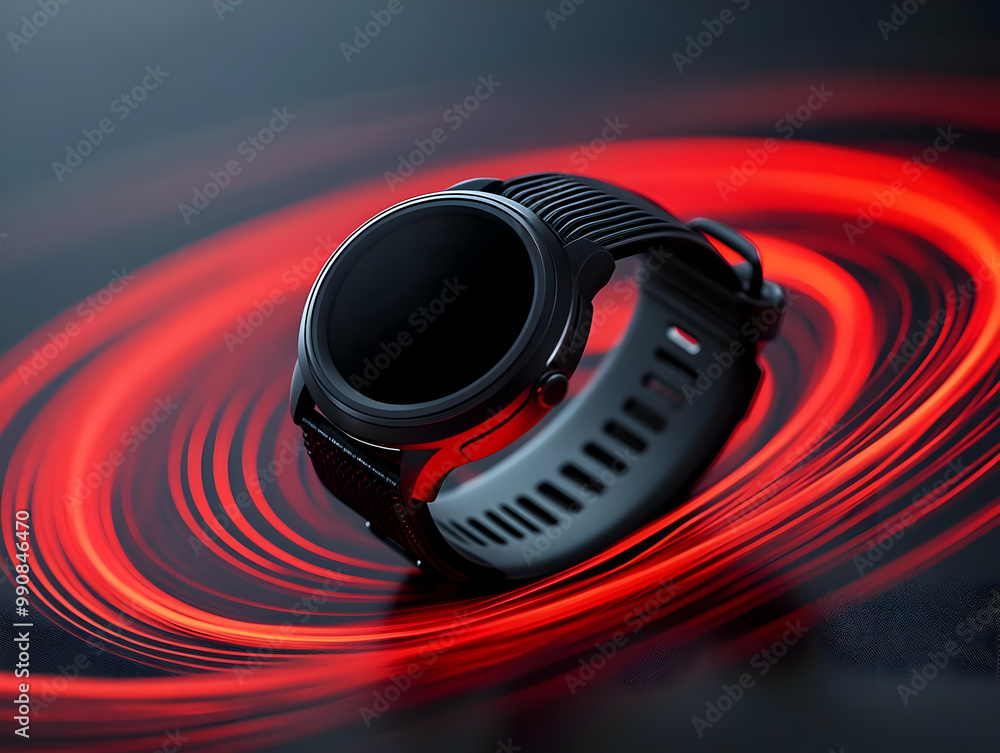 Poster a modern smartwatch displayed with a dynamic swirl of red light in a captivating design against a da
