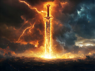 Obraz premium A mystical sword emanates fiery light amidst stormy clouds, symbolizing power and divine intervention.
