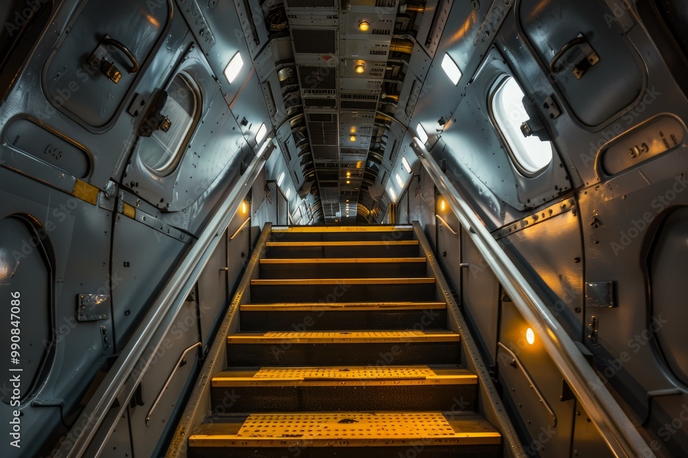 Poster empty staircase leading inside the fuselage of an airplane, showing its riveted structure and illumi
