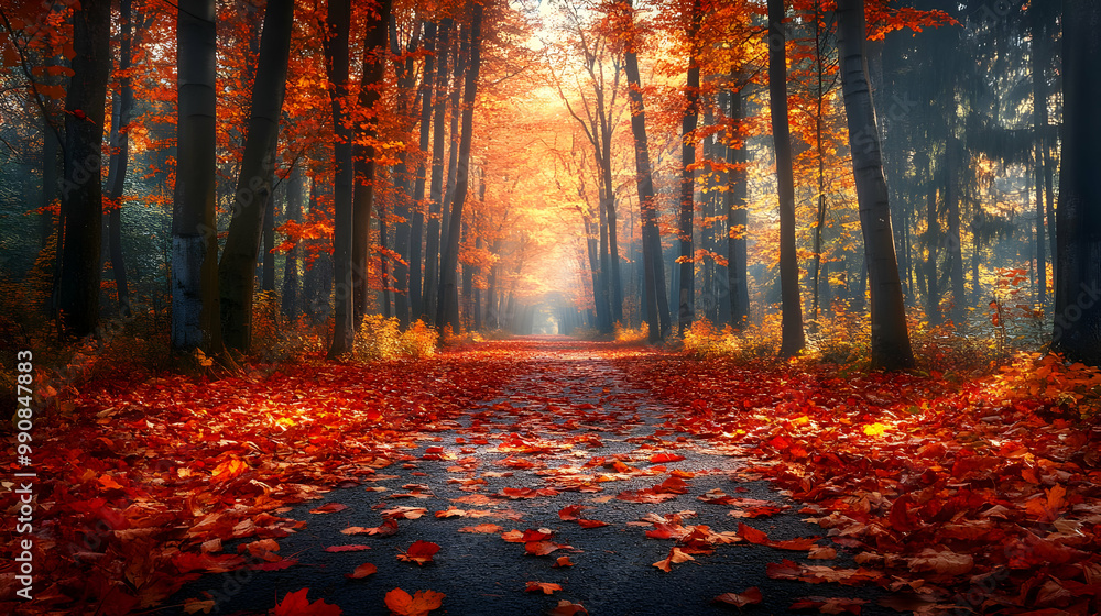 Poster a serene autumn forest path covered in vibrant orange and red leaves, illuminated by soft sunlight f
