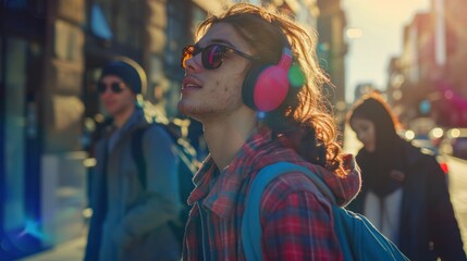 Obraz premium Urban youth in trendy fashion, headphones on, enjoying a vibrant city atmosphere