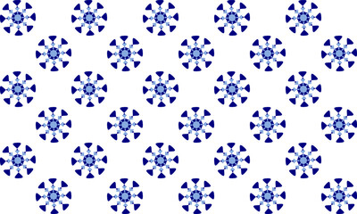 abstract flower dot round snowflakes two tone blue star flower asterisk pattern on white background as seamless repeat style replete image design for fabric printing, blue checkerboard