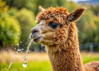 Obraz premium A brown alpaca releases a stream of clear liquid from its mouth as it stands defensively, its body