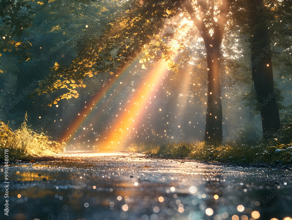 Poster a serene landscape featuring sunlight filtering through trees, creating rainbow beams on a tranquil 