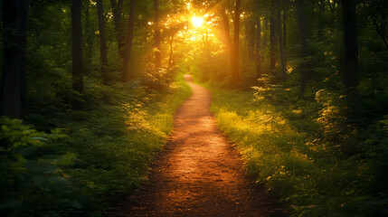 Fototapeta premium A serene forest pathway illuminated by golden sunlight, offering a peaceful escape into nature's beauty.
