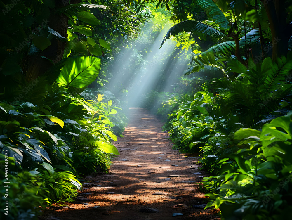 Poster a serene pathway through lush greenery illuminated by soft sunlight, creating a tranquil atmosphere 