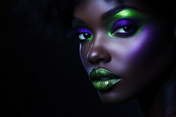Portrait of a Black woman with elaborate witch makeup, featuring dark purple eyeshadow and green lips, copy space in the middle, in a black background, Halloween theme, mystical and enchanting