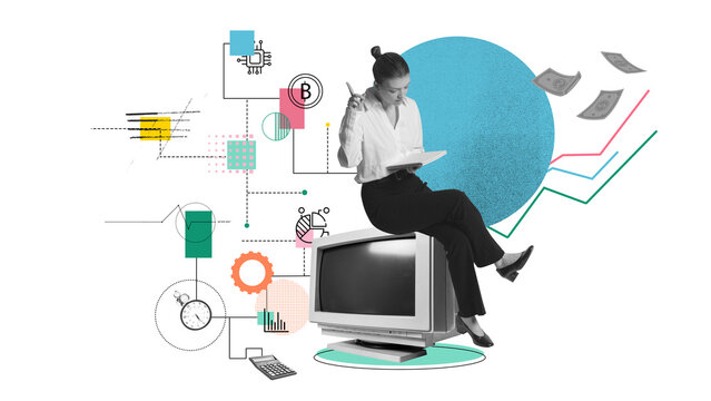 Businesswoman sitting on an old monitor, checking notes on tablet. Graphs, gears, and Bitcoin icons around, highlighting analysis of financial trends. Contemporary art. Concept of business, investment - Powered by Adobe